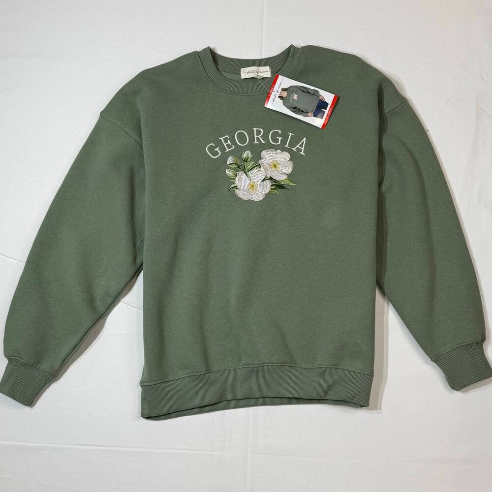 State of Mine Women's Embroidered Flora State Sweatshirt Georgia Size XS Green